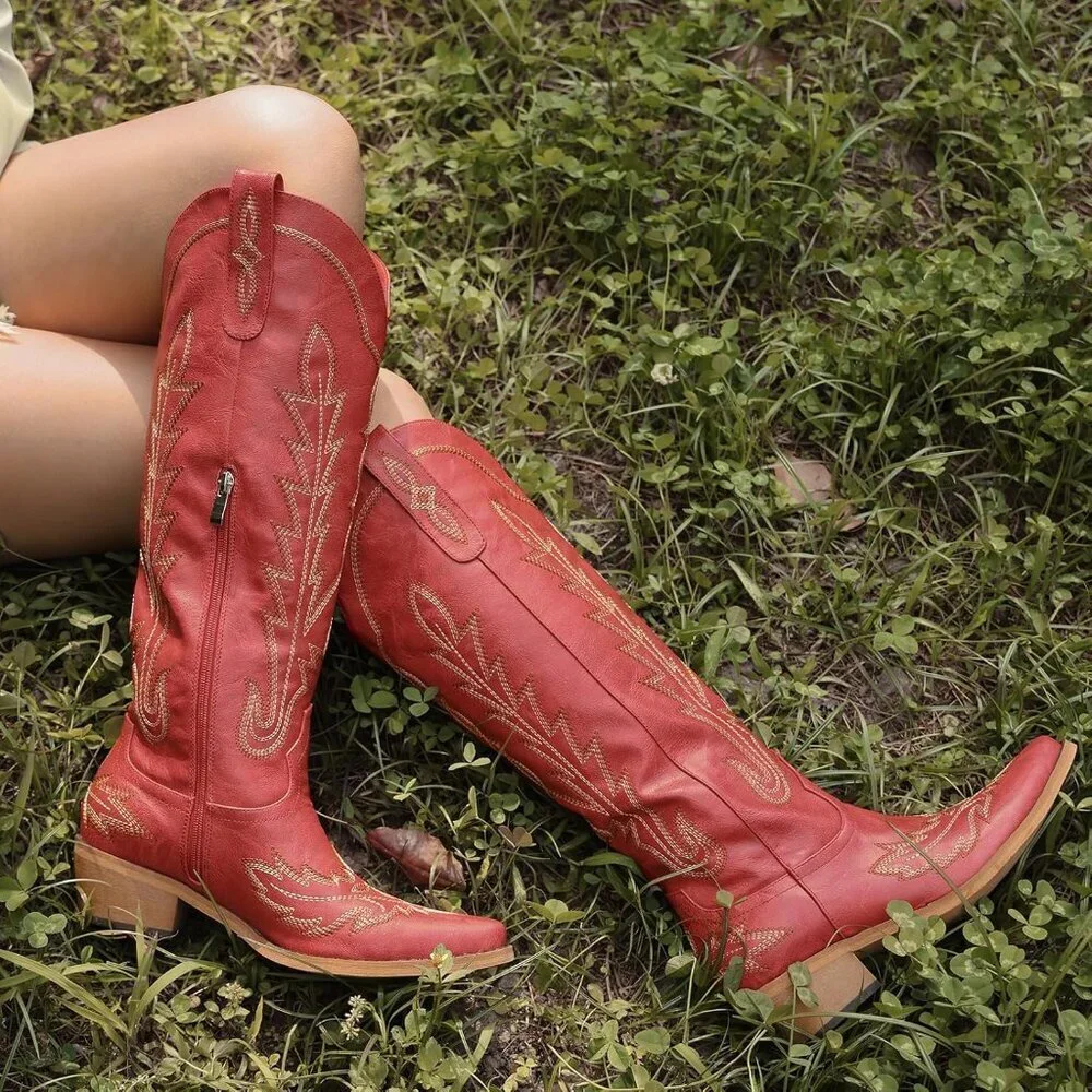 Women's Red Knee High Pointed Toe Chunky Heel Pull On Zipper Cowboy Boots